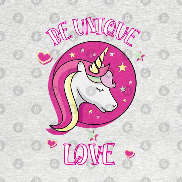 Be Unique Love Beautiful Unicorn Head With Stars And Hearts Pink by teezeedy